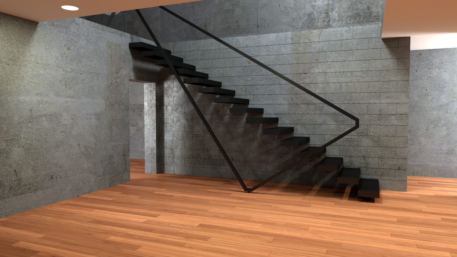 3D-Planungsansicht einer Kragarmtreppe mit dunklen Stufen vor einer Sichtbetonwand – AN Treppenbau