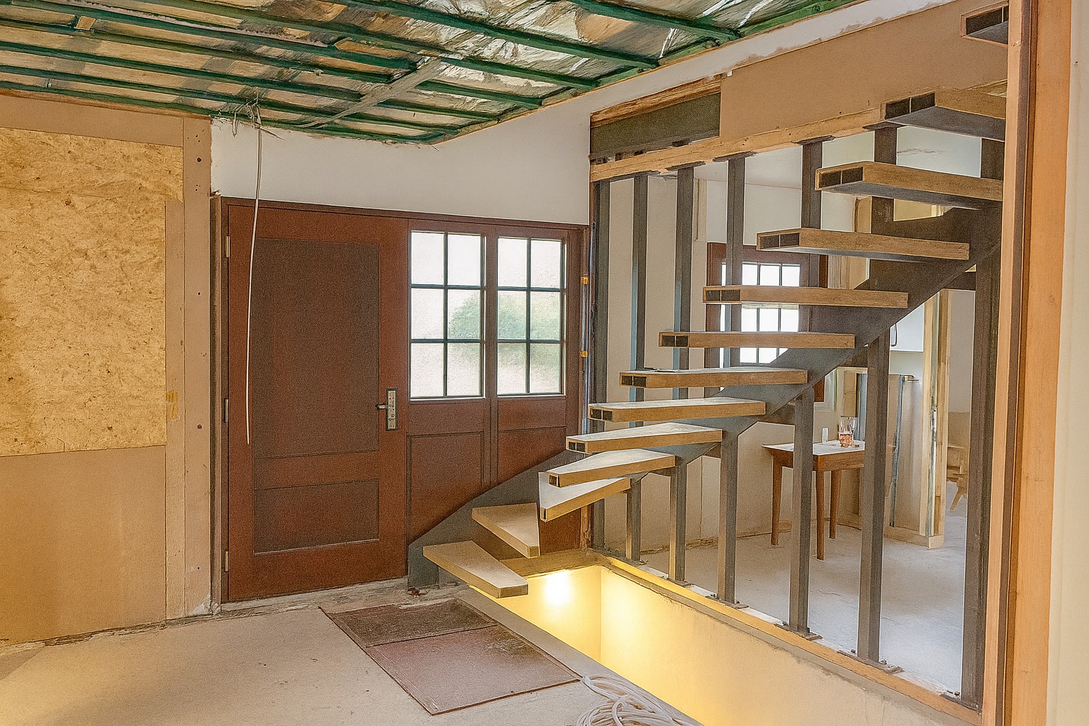 Darstellung einer Kragarmtreppe im Holzständerhaus mit noch offener Wand- und Deckenkonstruktion – AN Treppenbau