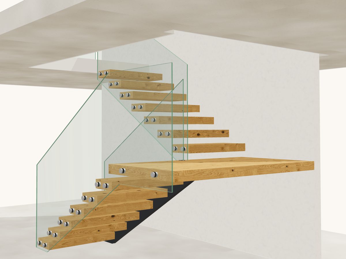 Visualisierung aus dem Konfigurator: 1/2-gewendelte Kragarmtreppe aus Eiche, unter dem unteren Lauf eine anthrazitfarbene Stahlwange, außen eine Glasscheibe mit Punkthaltern bis zum Podest