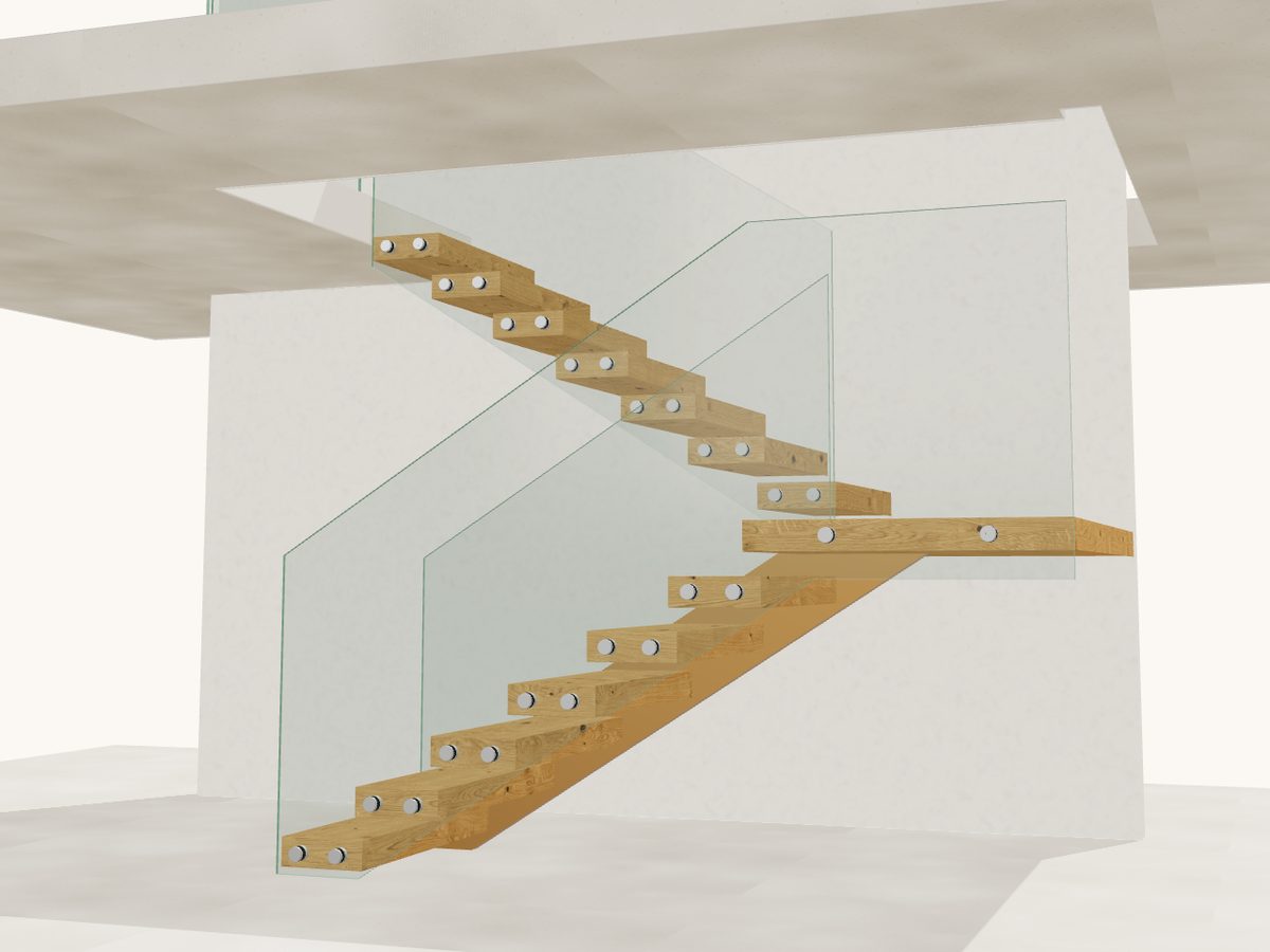 Visualisierung aus dem Konfigurator: 1/2-gewendelte Kragarmtreppe aus Eiche mit Podest, unter dem unteren Lauf eine bronzefarbene Stahlwange, Glasgeländer mit Punkthaltern