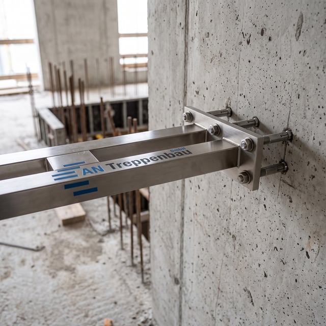 In der Betonwand montierte Stahlkonsole einer Kragarmtreppe