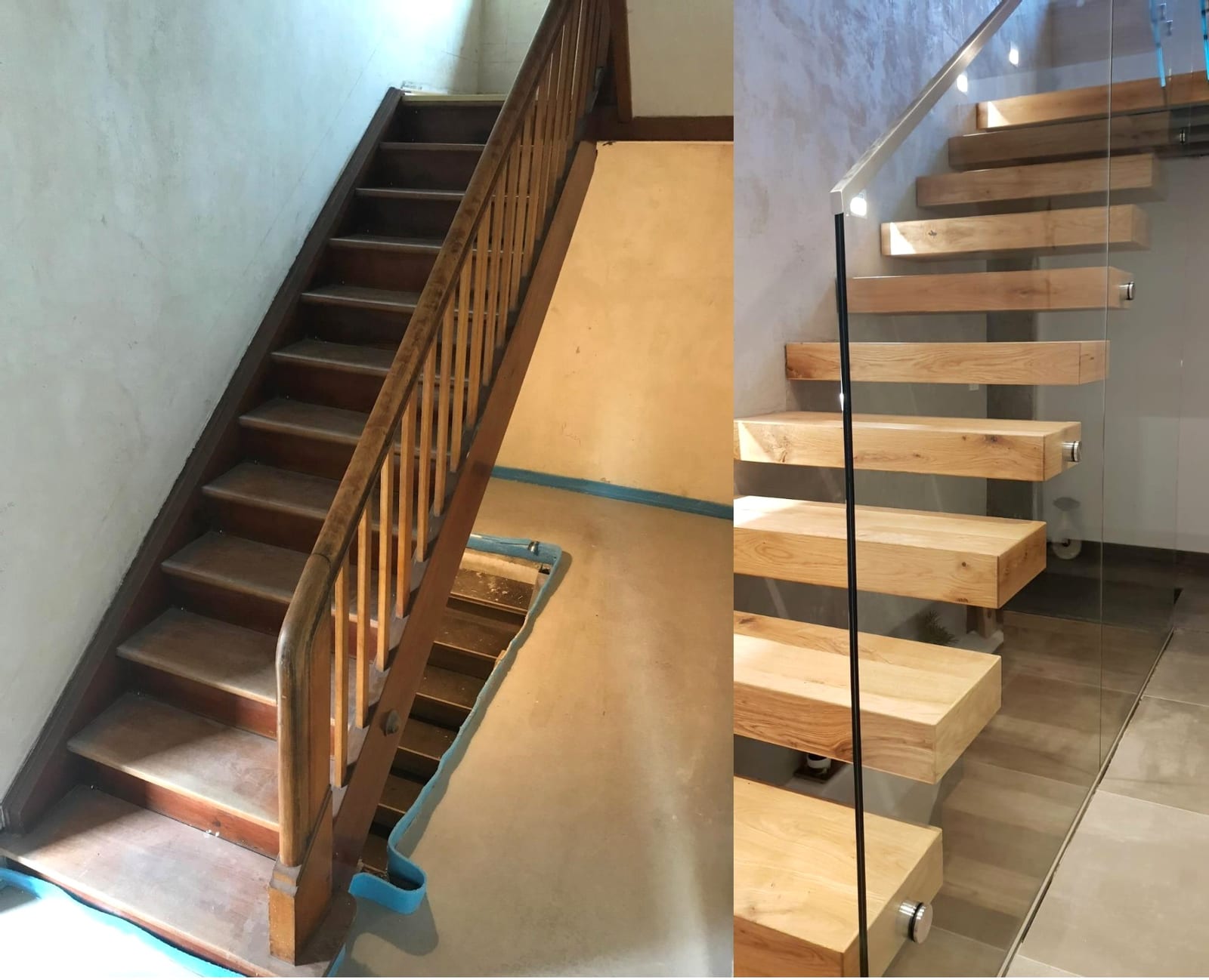 Vorher und nachher: alte Holztreppe mit Geländer neben einer neuen Kragarmtreppe aus Eiche mit Glasgeländer