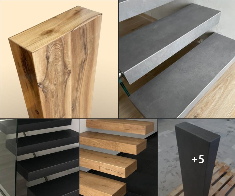 Übersicht der Stufenmaterialien für Kragarmtreppen: Eiche, Keramik in Betonoptik, Naturstein und weitere Muster