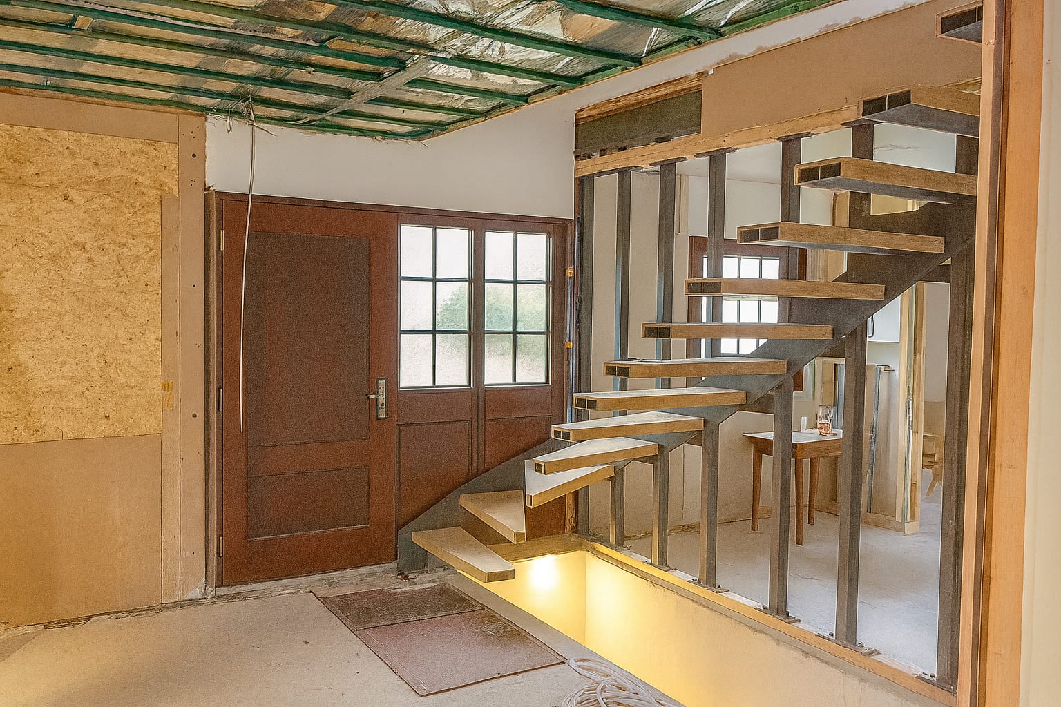 Gewendelte Kragarmtreppe im Rohbau, helle Stufen auf grauer Stahlkonstruktion mit sichtbaren Stützen – AN Treppenbau