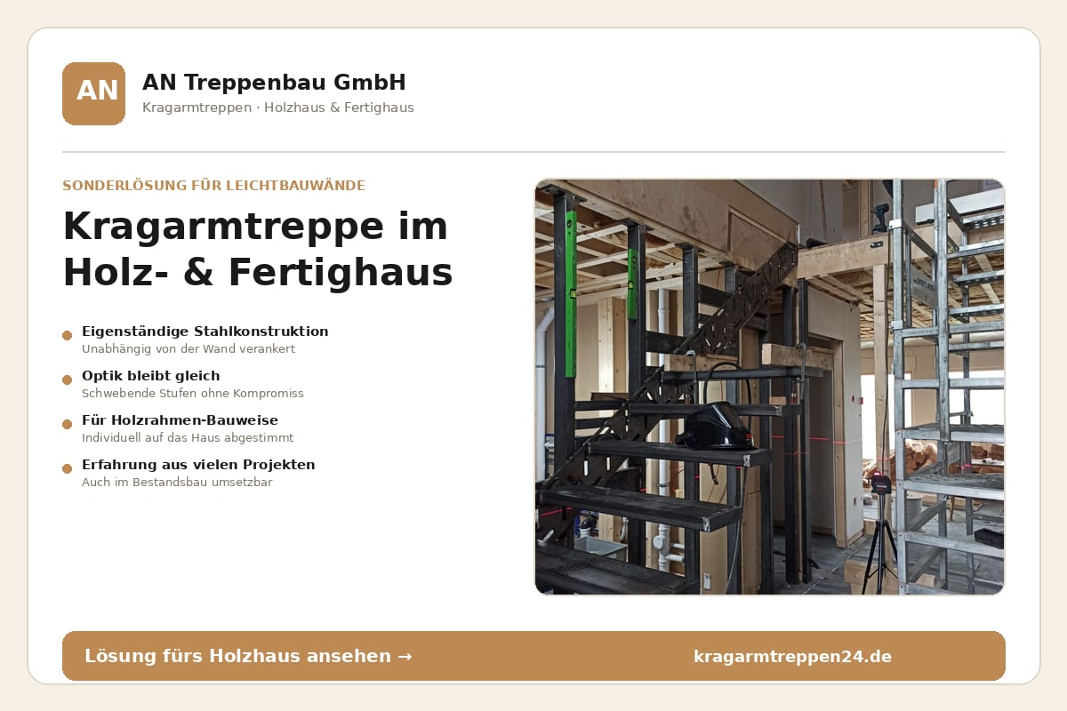 Infokarte Kragarmtreppe im Holz- und Fertighaus, Foto der schwarzen Stahlkonstruktion auf der Baustelle – AN Treppenbau