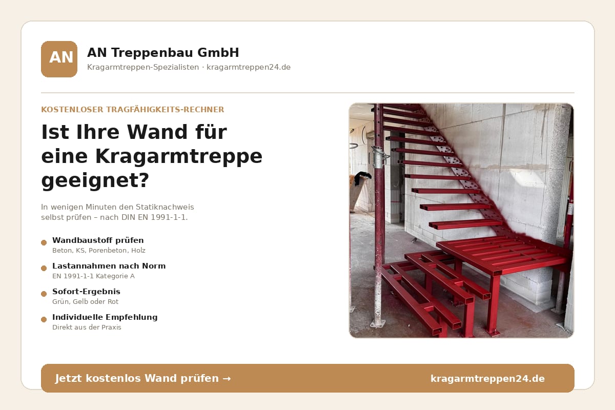 Infokarte zum Tragfähigkeits-Rechner mit Foto einer roten Stahlkonstruktion mit Podest vor Mauerwerk – AN Treppenbau