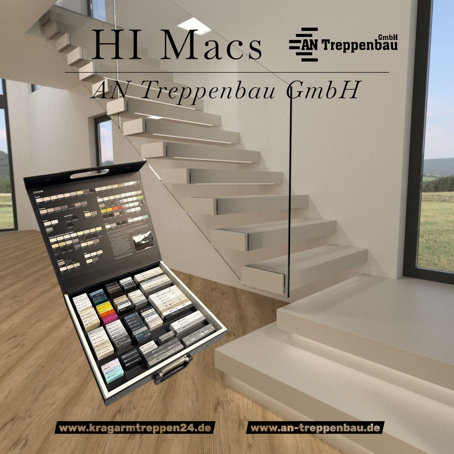 Grafik: HI-MACS-Musterkoffer vor einer Kragarmtreppe in heller Ausführung, AN Treppenbau GmbH