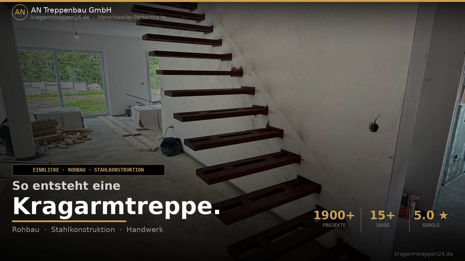 Grafik: So entsteht eine Kragarmtreppe, Stahlkonsolen im Rohbau mit Kennzahlen von AN Treppenbau