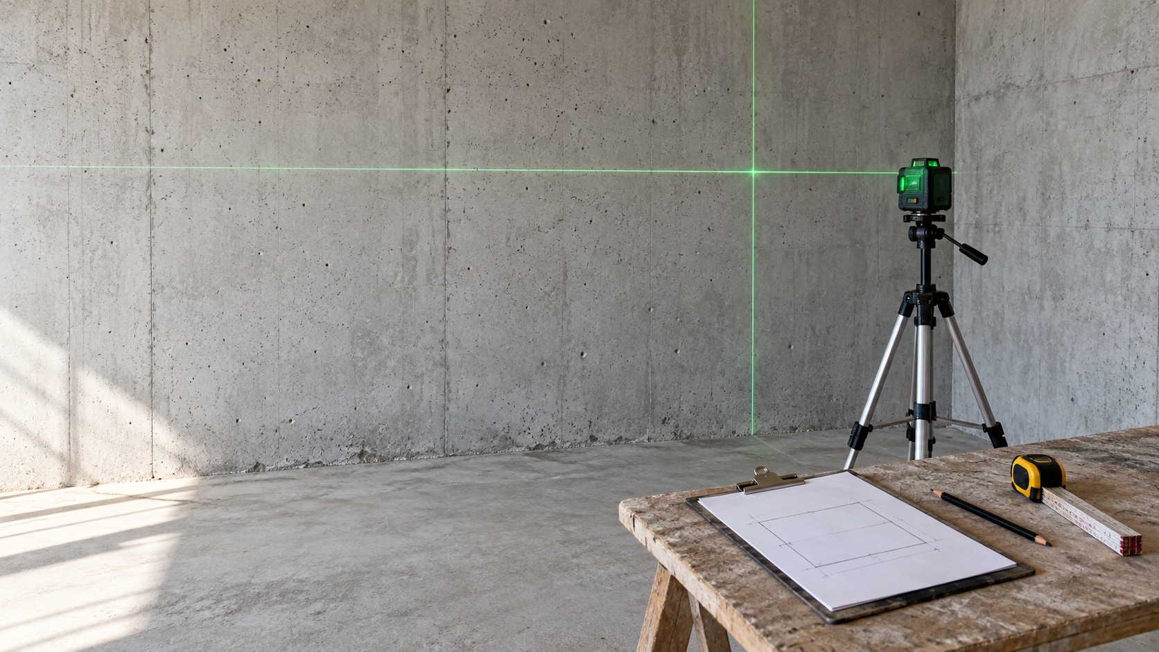 Visualisierung eines Aufmaßes an einer Betonwand mit Kreuzlinienlaser und Maßblatt